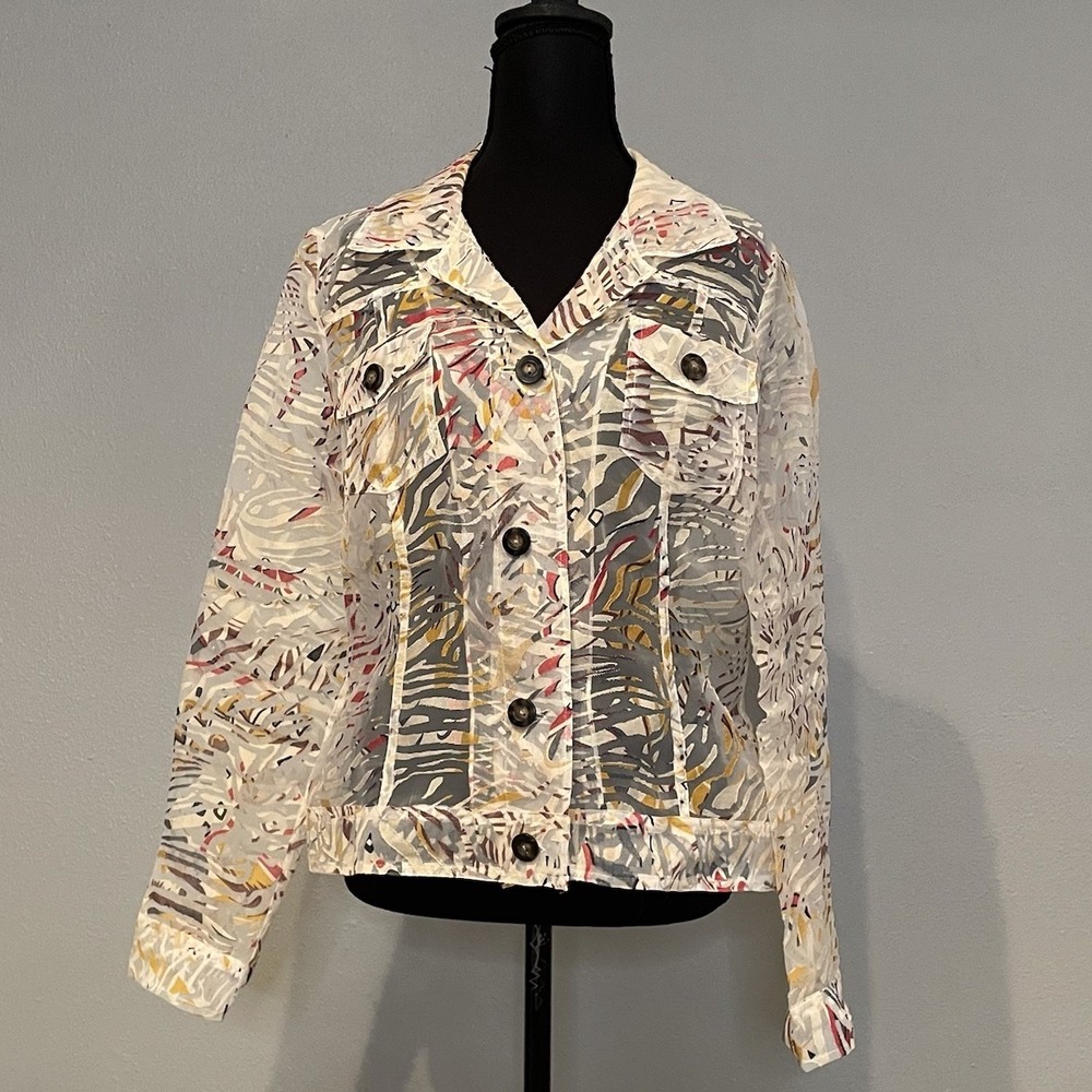Sheer Peck & Peck Collection Jacket | Abstract Print Button-Up Coat | Size Med